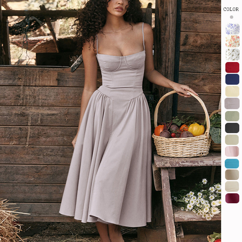 Summer new French retro long dress court style dopamine wear with suspender dress