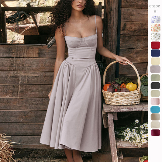 Summer new French retro long dress court style dopamine wear with suspender dress
