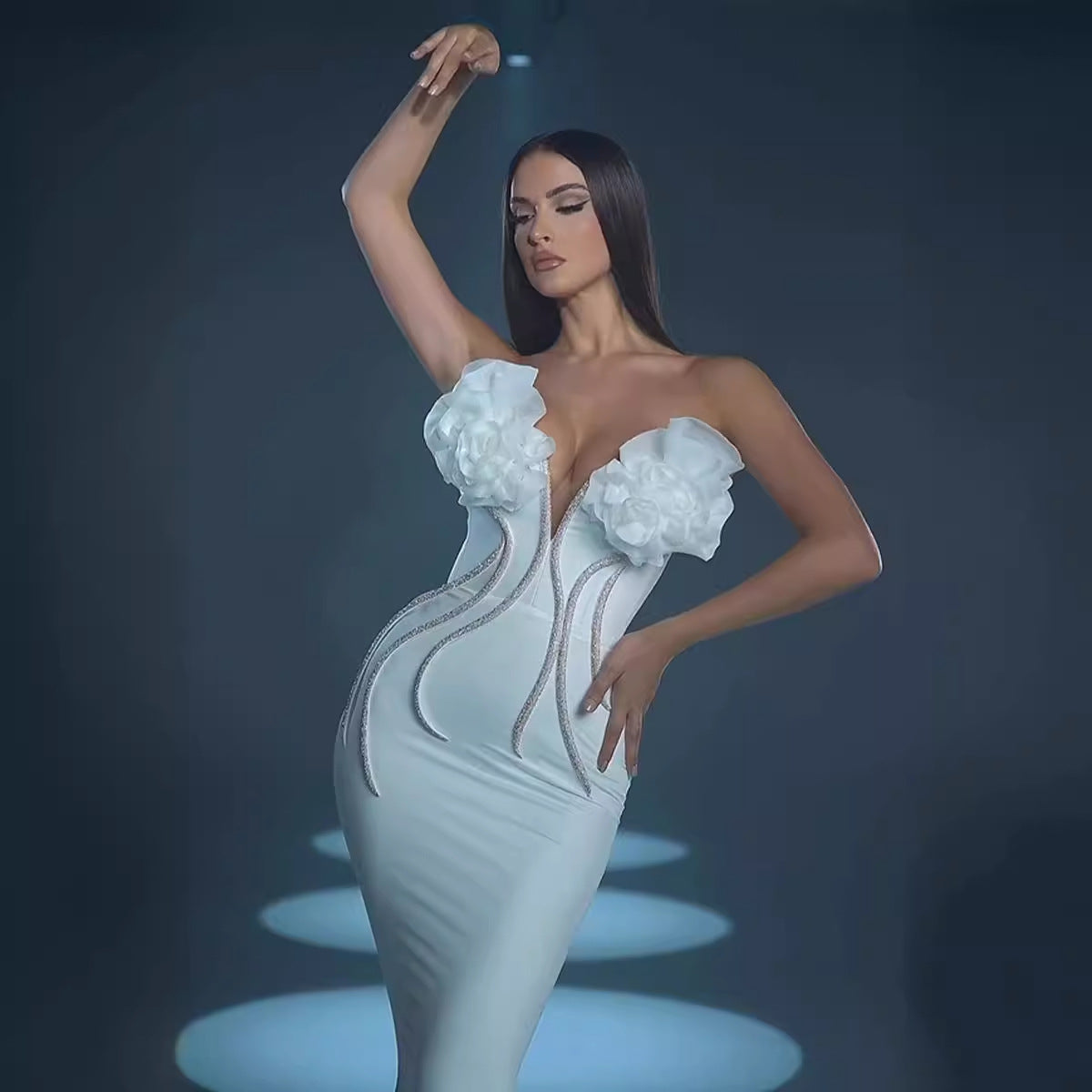 Bandage Dress Evening Gown Flower Diamond Chain Fish Tail Strapless