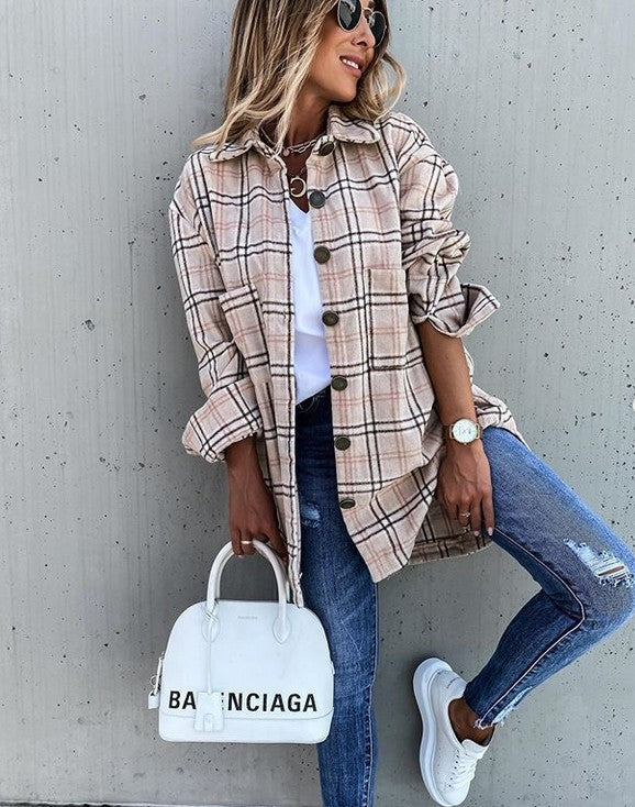Women's autumn and winter loose casual retro plaid long sleeve shirt coat