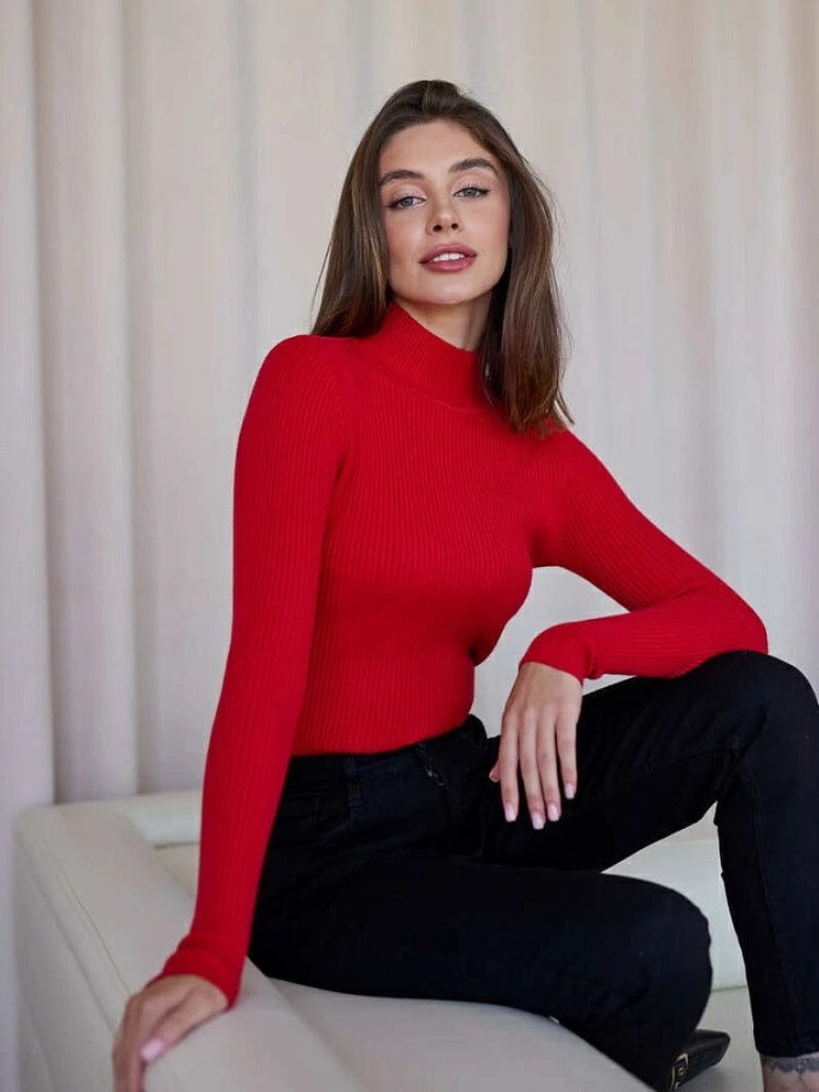 Pure Color half collar sweater European and American 2024 autumn and winter women's slim knit bottoming shirt
