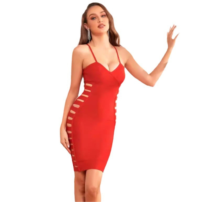 Women's Fall Winter Slim Knitted Sling Solid Color Bandage Dress