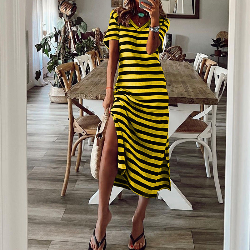 Spring plus size striped printed dress  loose hem skirt
