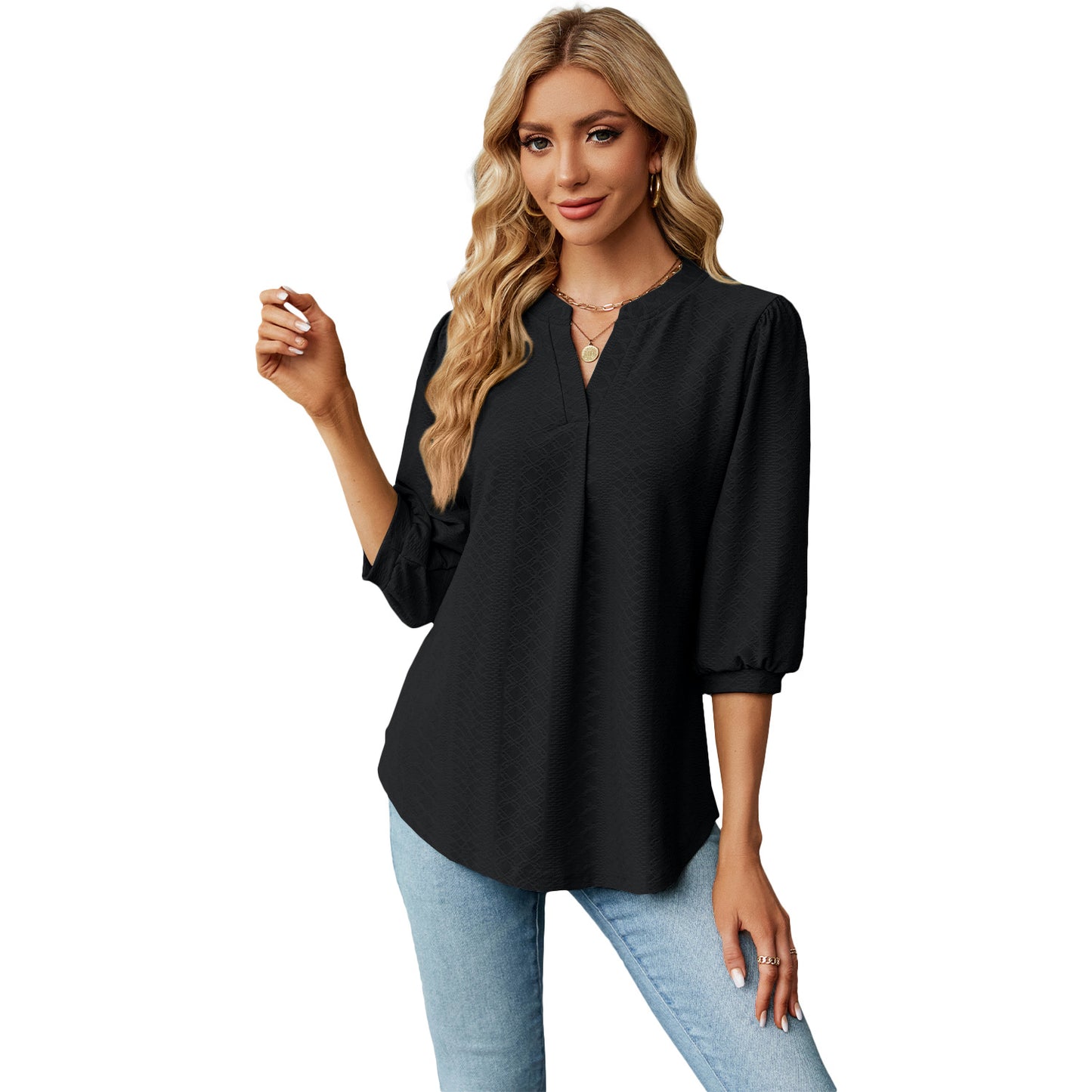 Autumn and Winter new solid color and V-neck jacquard 3/4 sleeve loose-fitting T-shirt top women