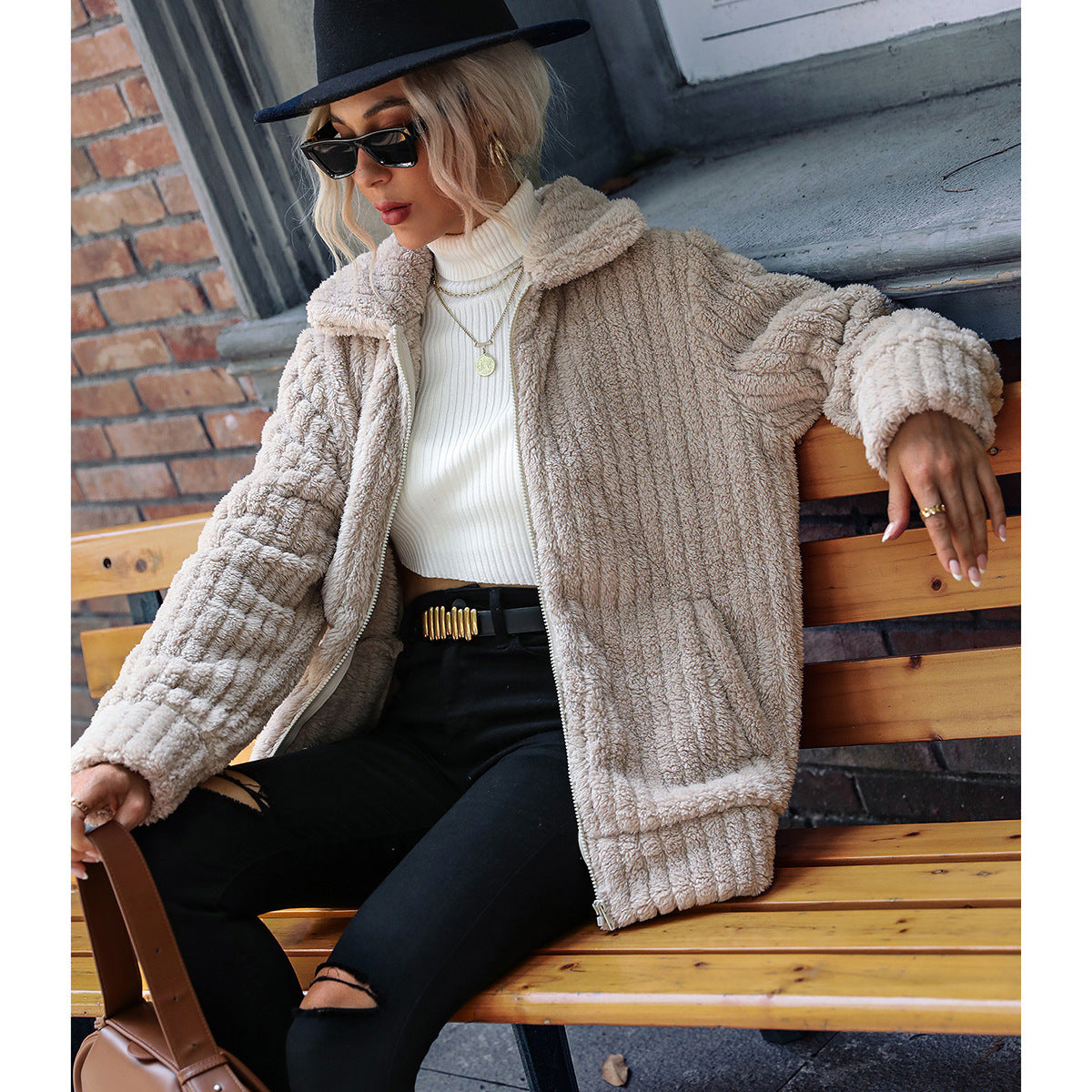 Women's lapel sunken stripe long-sleeve zipper solid color mid-length double-sided plush coat