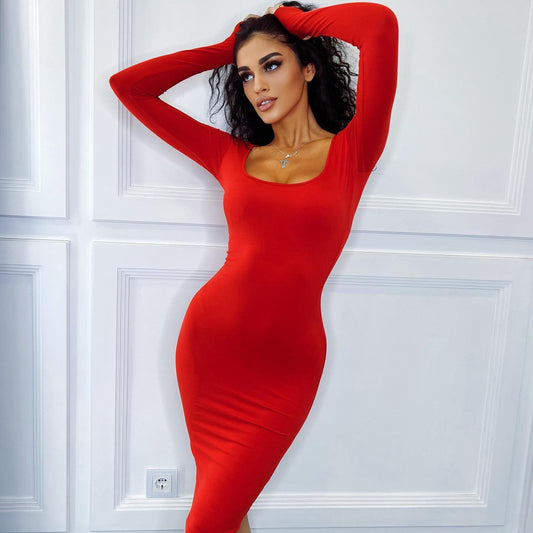 Autumn and Winter square collar long sleeve solid color waist tight slimming sheath dress women