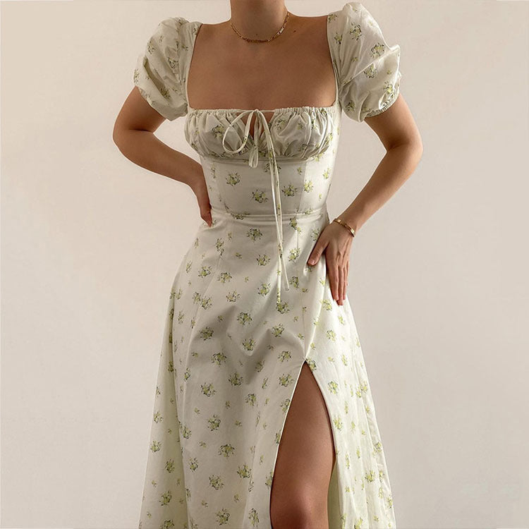 2025 spring printed French floral backless slim-fitting suspender split-ended dress