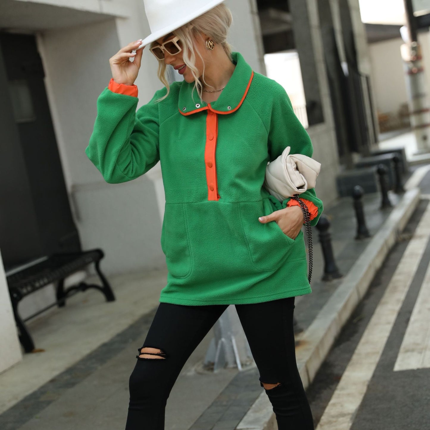 Women's Mid-length loose long sleeve lapel color matching breasted polar fleece pullover fleece sweatshirt