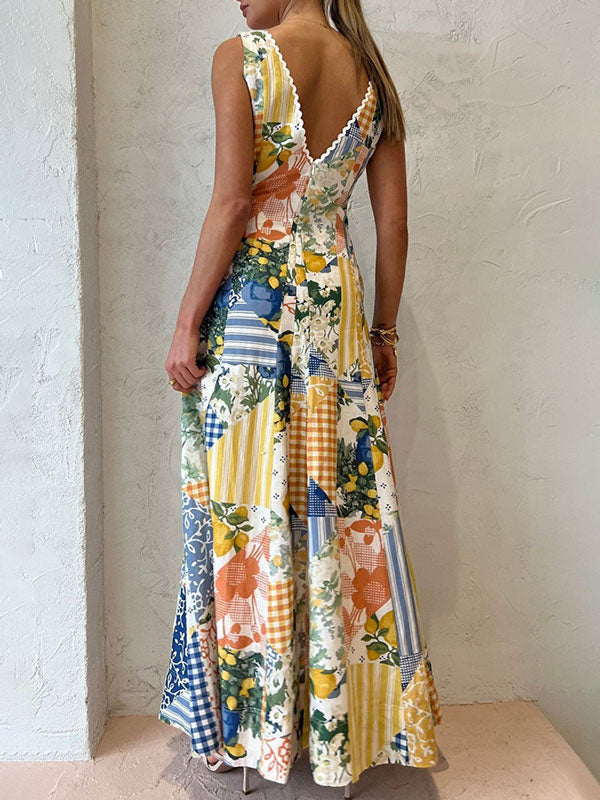 Lemon Print Lace Trim Long Dress