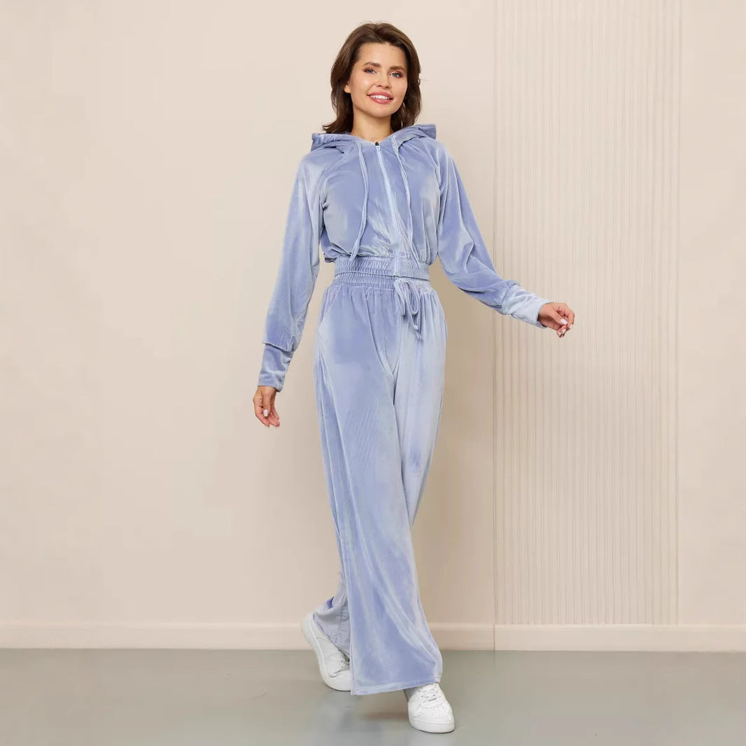 Fashion casual women's solid color zipper cardigan Silver Fox velvet sweater laced pants two-piece set