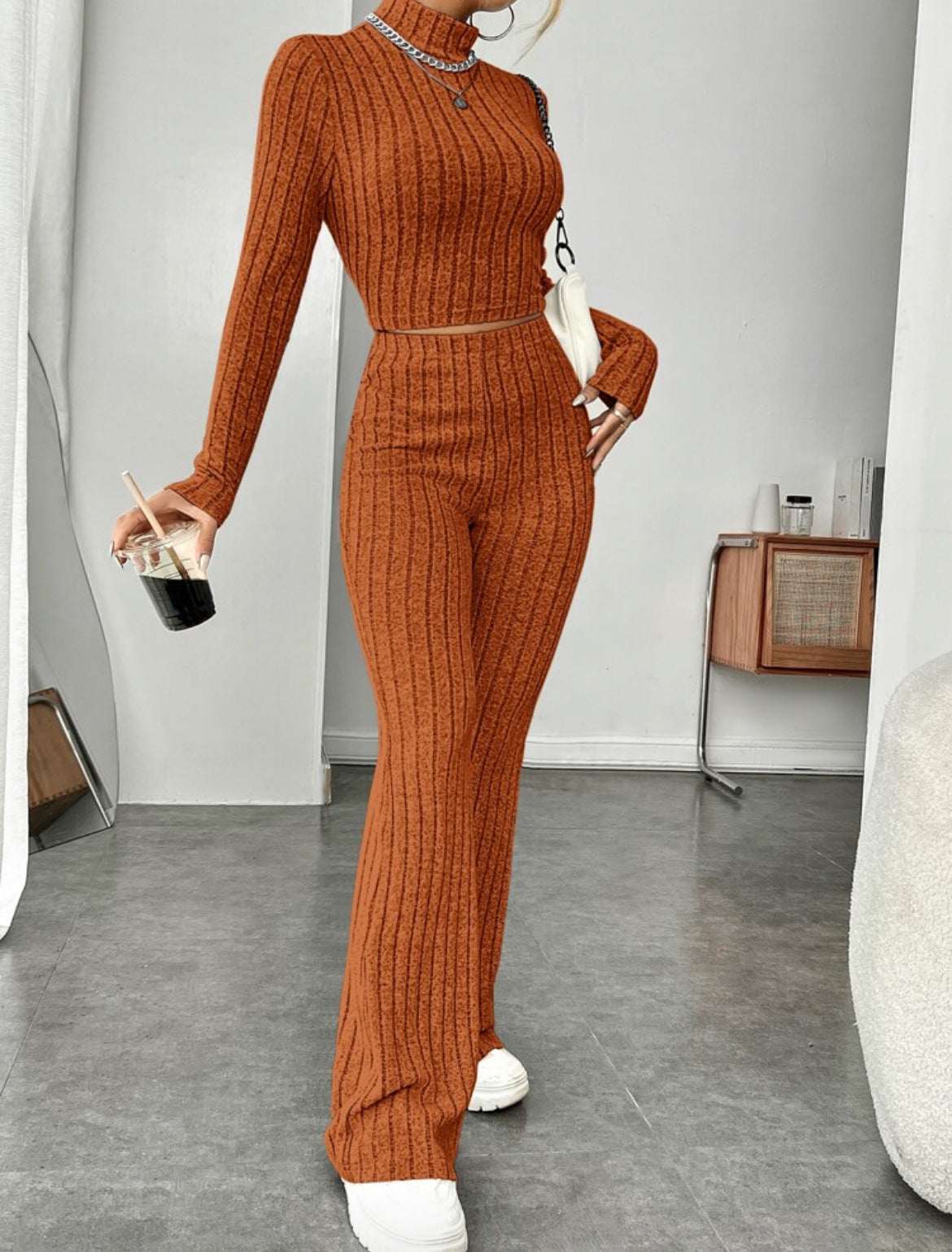 Autumn and Winter solid color knitted long sleeve turtlenecks wide leg high waist trousers suit