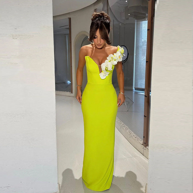 Bandage Dress Evening Elegant Floral Single Shoulder Party