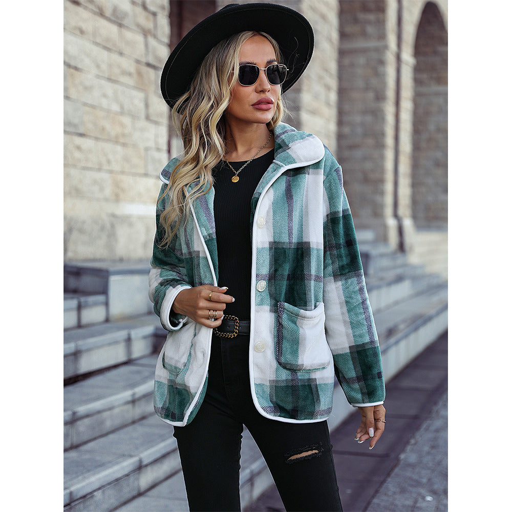 Autumn and winter women's lapel long sleeve single-breasted edge sealing sable fur printed plaid casual coat