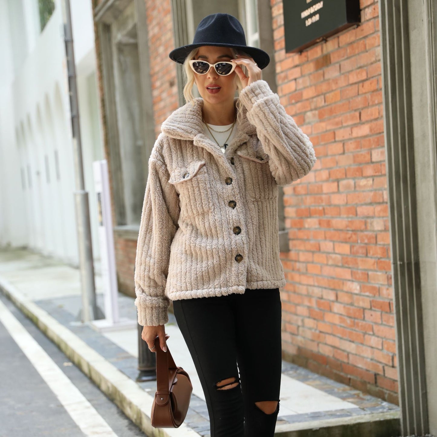 Women's double-sided velvet long-sleeved lapel breasted solid color mid-length plush coat