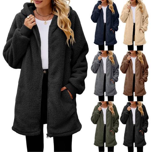 Winter loose plush women's long sleeve hooded zip cardigan coat