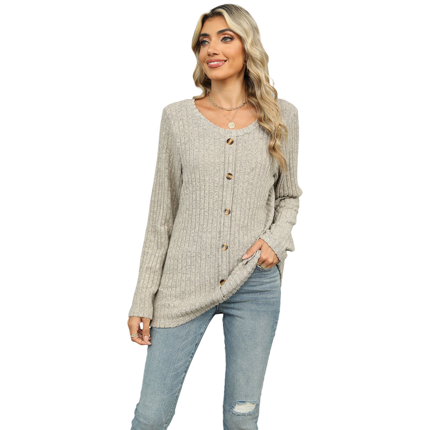 Spring and Autumn single-breasted round neck long-sleeved T-shirt loose top women's pullover sweater