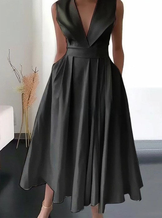 Summer sleeveless waist pocket pendulum medium and long solid color dress