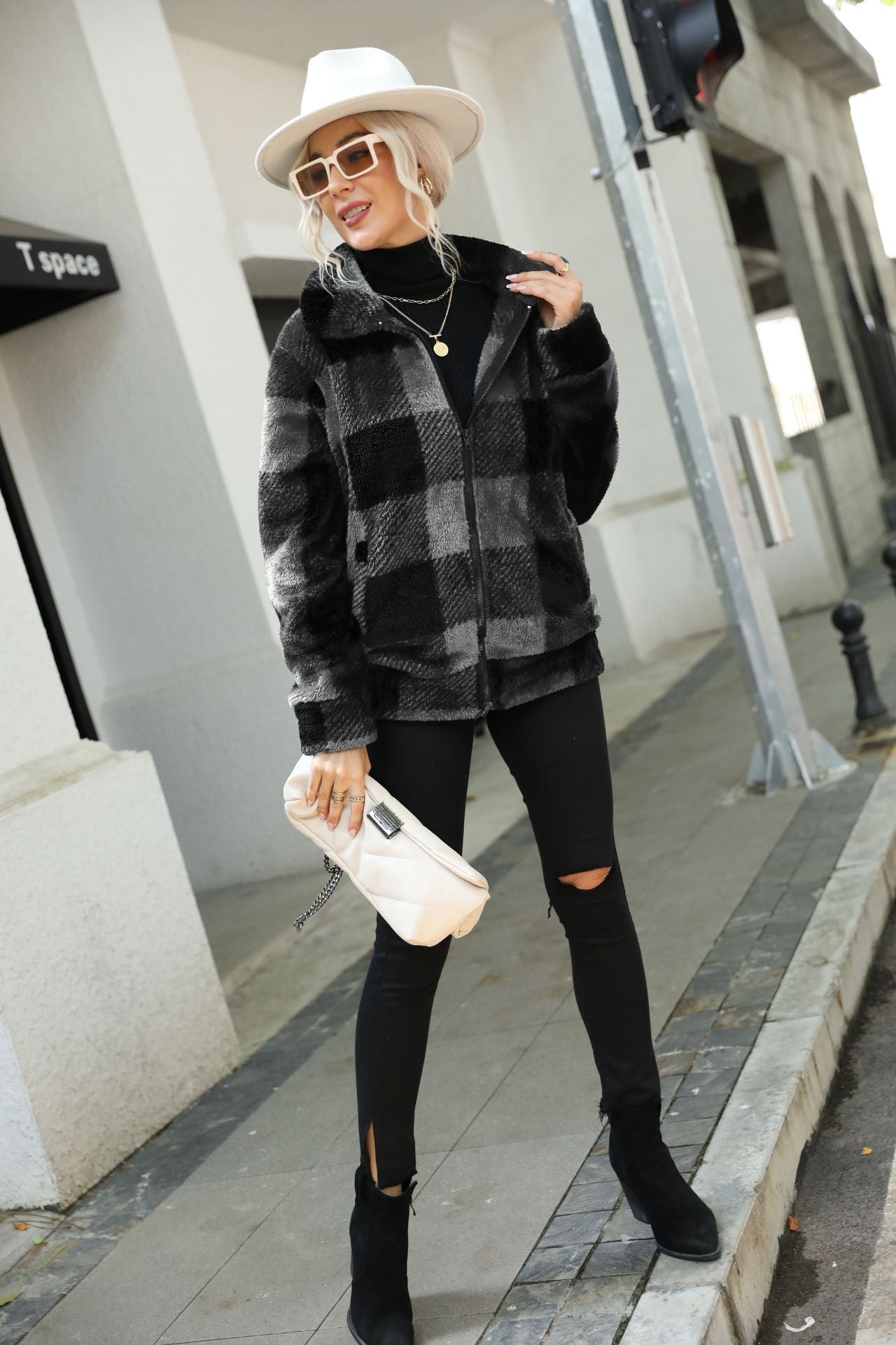 Women's autumn and winter clothing long sleeve stand collar plaid printed mid-length zipper double-sided plush coat