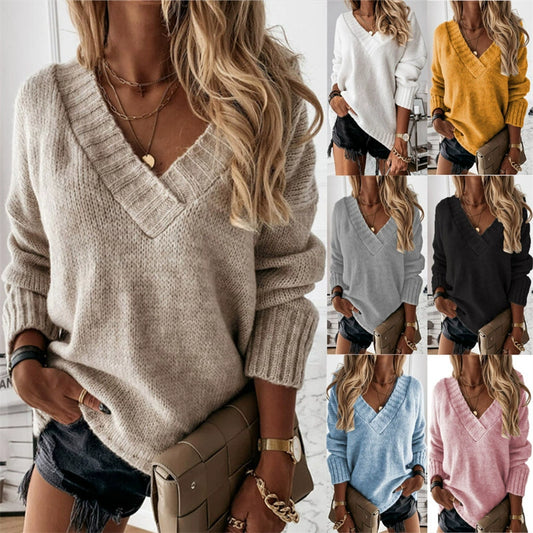 Autumn winter sweater V-neck jumper women Knit tops