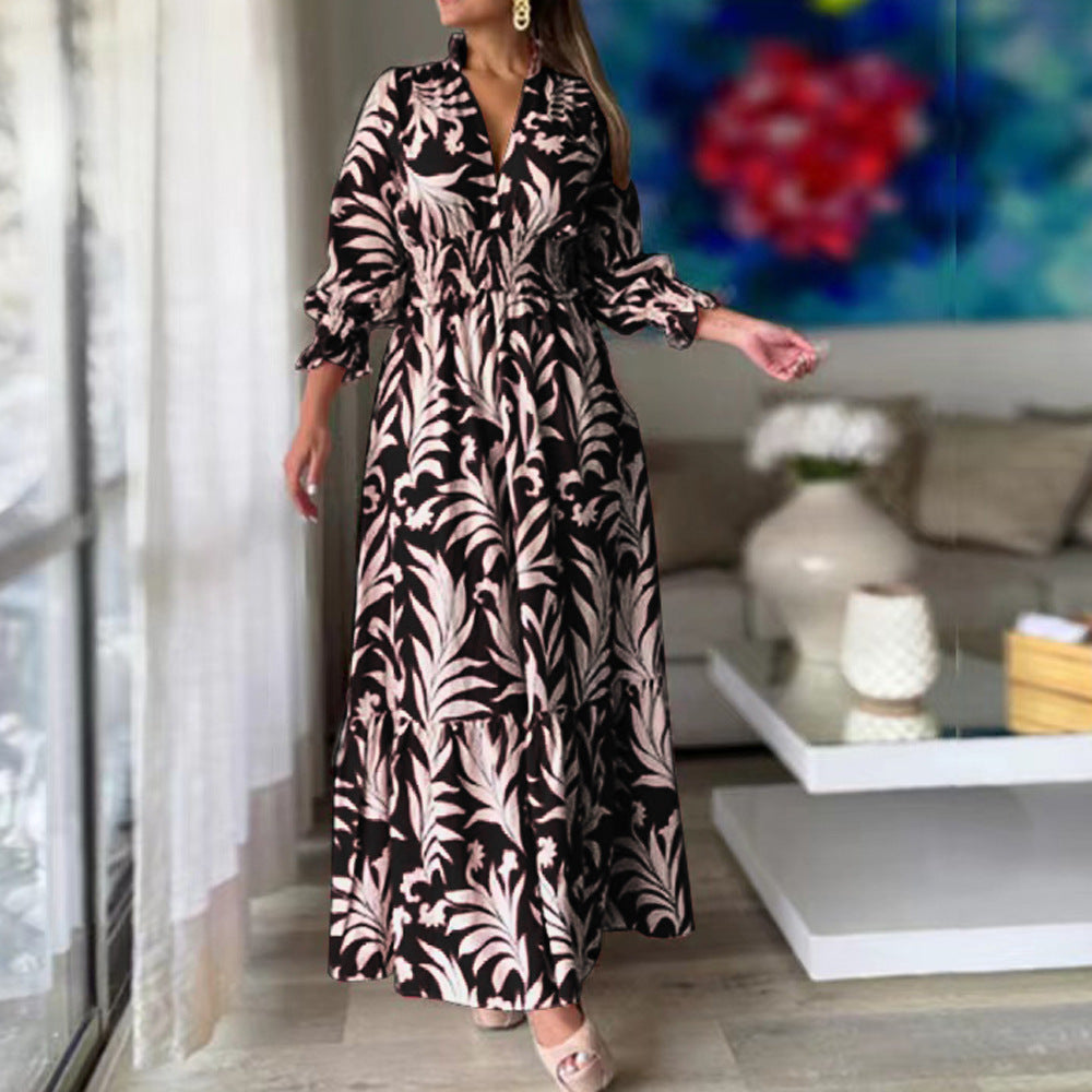 New long dress, waist pullover, bohemian print long-sleeved big swing dress.