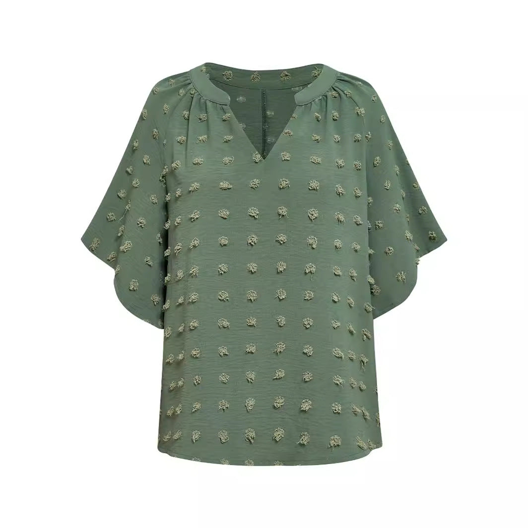 Women's casual style V-neck solid color hairball top women