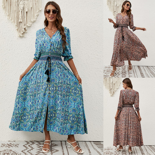 Cotton seven-quarter sleeve waist bohemian casual vacation beach dress
