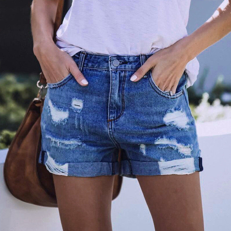 Ripped high elastic denim shorts for women