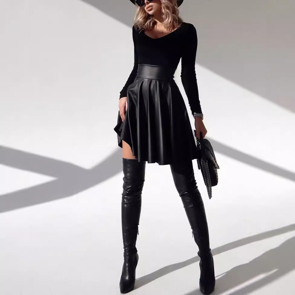 Women's skirt autumn and winter New High waist big swing PU leather umbrella skirt