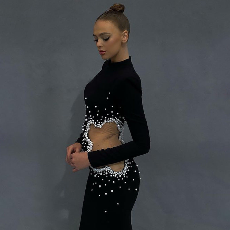 Evening Gown Beaded See-Through Long Sleeve Bodycon Bandage Dress
