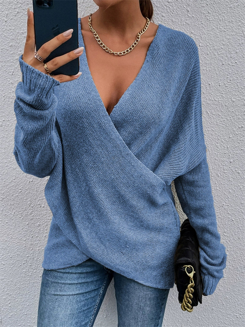 Autumn winter fashion v-neck cross knit women sweater tops