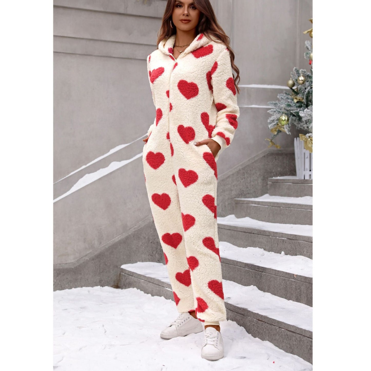 Women's autumn and winter New plush loving heart printed Christmas hooded jumpsuit