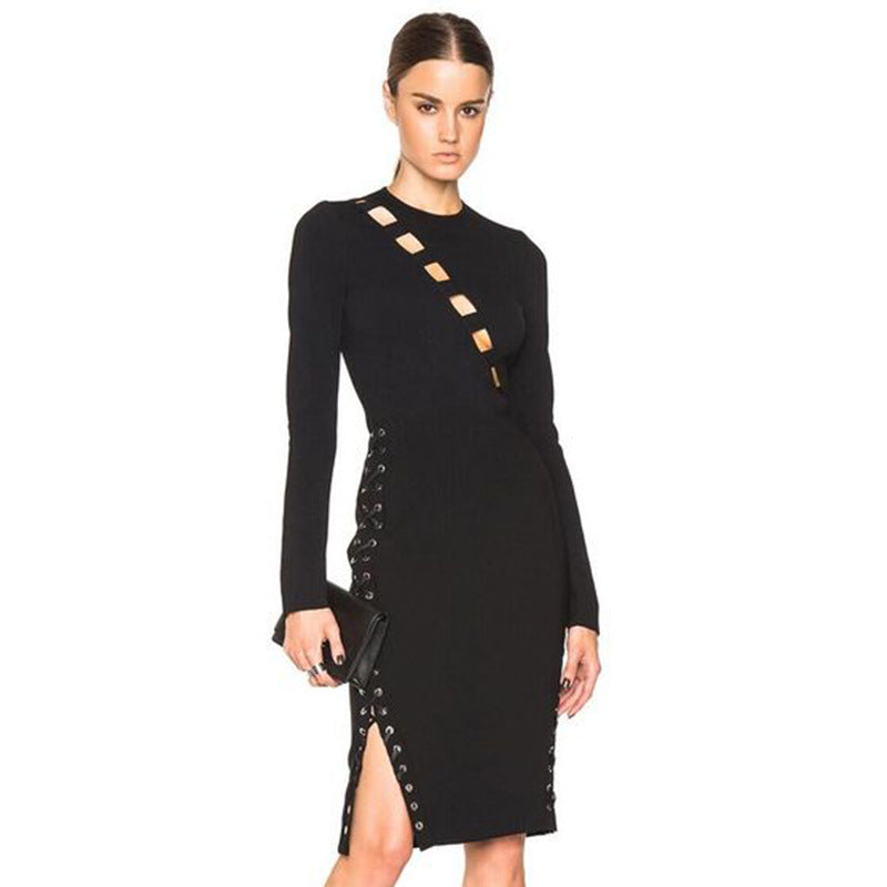 Knitted Hollow Corns Tied Long Sleeves Bandage Dress Autumn