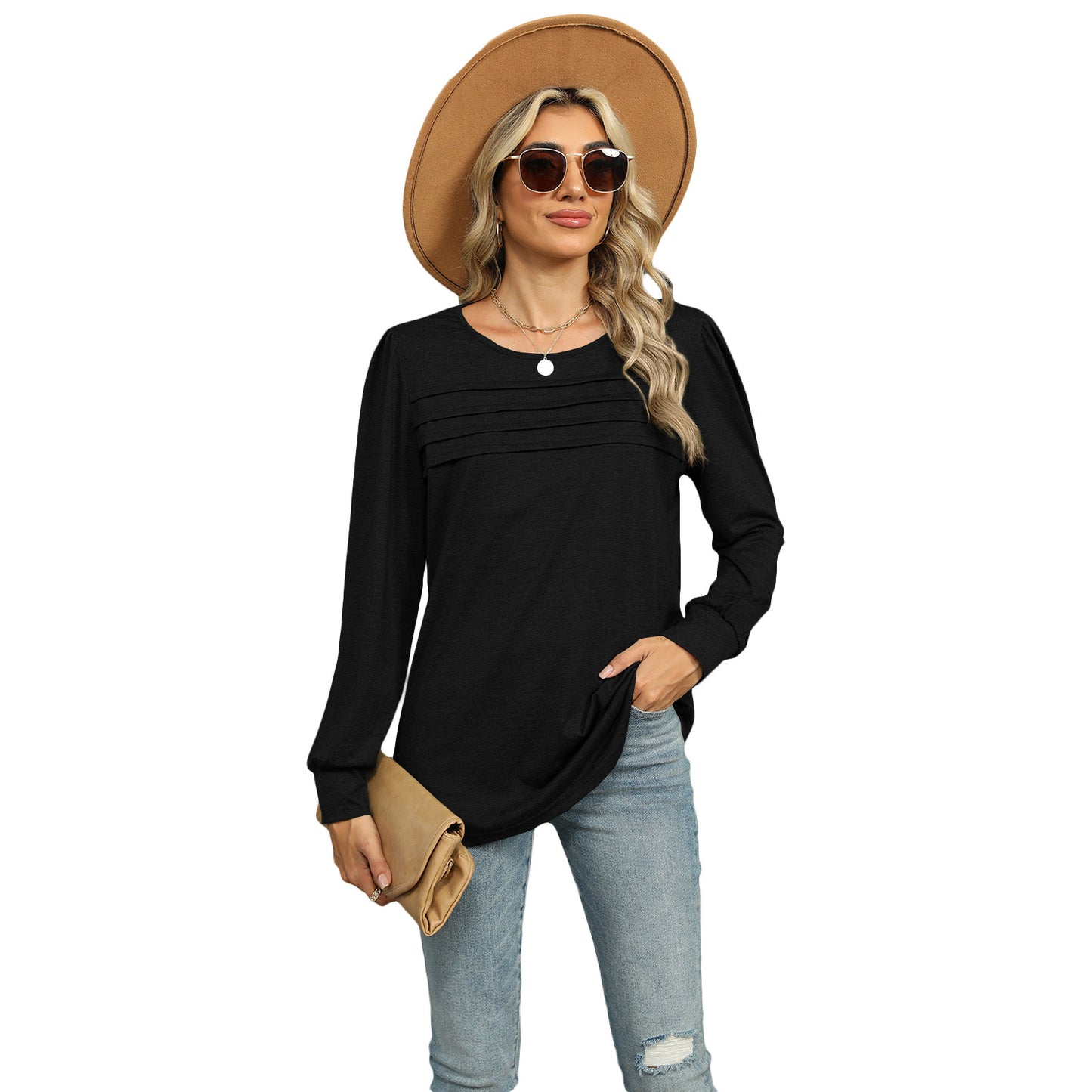 Women's autumn and winter solid color U-neck pleated long-sleeved T-shirt top