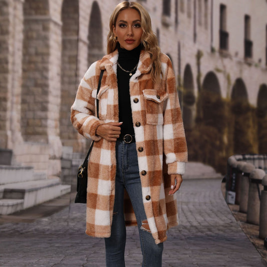 Autumn winter women's wear lapel long sleeve loose plaid single-breasted long plush casual coat