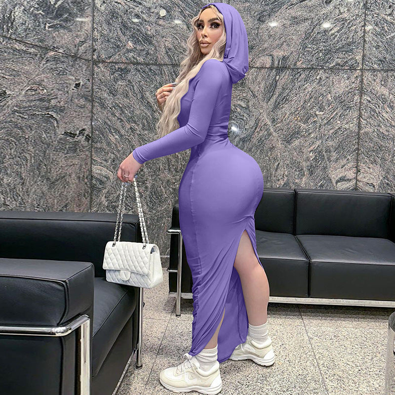 Hooded pure color tight dress long one-step hip skirt long sleeve pullover skirt for women