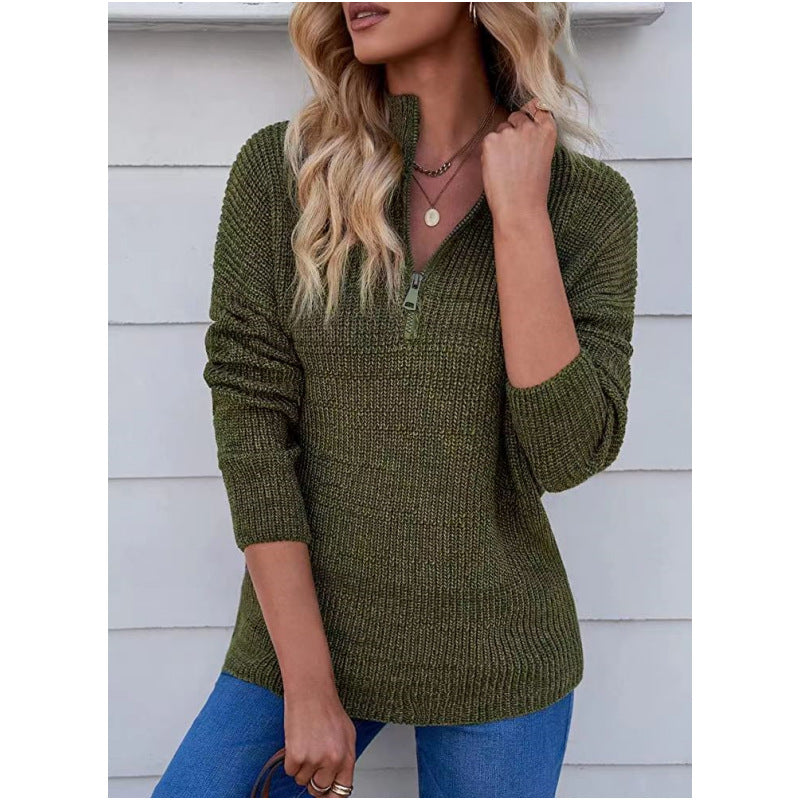 Autumn and winter sweater half-open collar solid color zipper pullover fashion women's knitted blouse