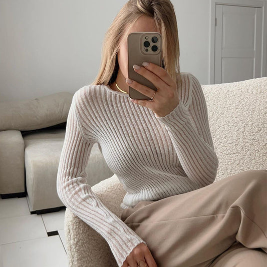 Hollow sweater Sexy Slim-fit cashmere round neck long sleeve thin sunken stripe women's pullover