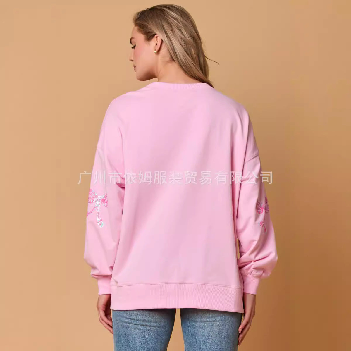 Bow sequined top casual loose long-sleeved sweater women