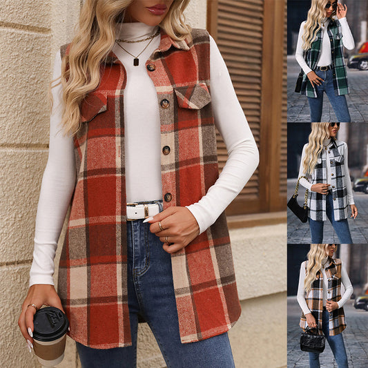 Women's autumn and winter ins style fashion plaid sleeveless vest loose vest jacket