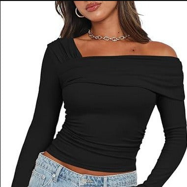 2024 spring and autumn Women's One shoulder long-sleeved top pleated out slim y2g T-shirt