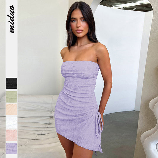 Spring and summer new hot-selling pleated drawstring split irregular hem tube top dress short skirt