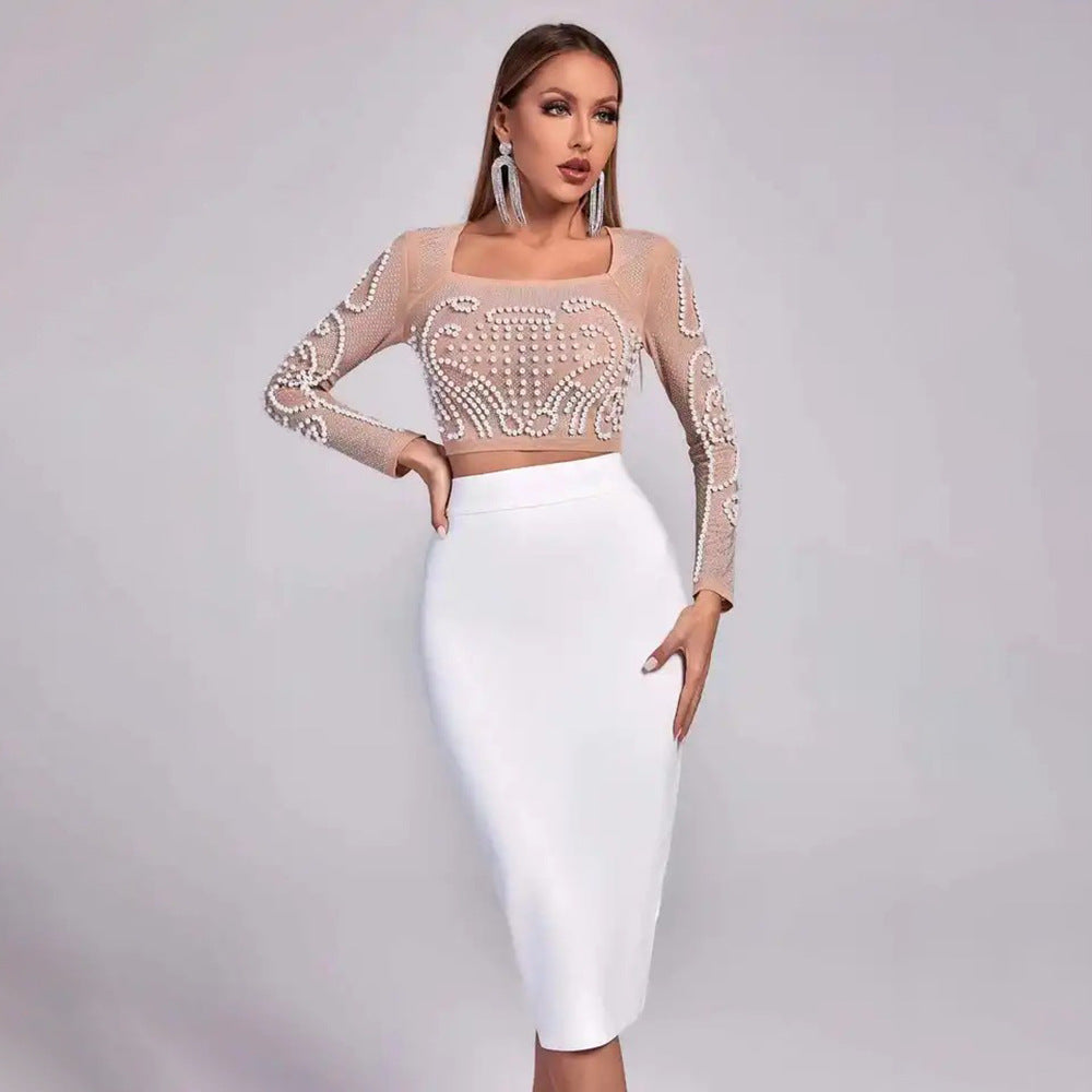 Square Collar Long Sleeve Beaded Top Slim Bandage Skirt Two-Piece Suits
