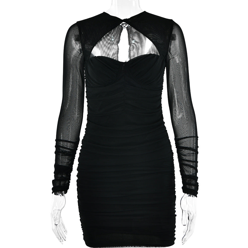 Hollow low cut dress female sexy see-through long sleeves skinny hip dresses