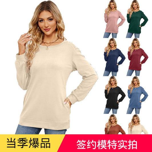 Women's top autumn and winter solid color pocket long sleeve loose pullover simple sweater women's coat