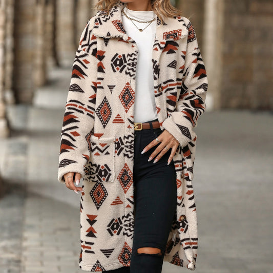 boho autumn and winter women's single-breasted ethnic print plush long overcoat outerwear