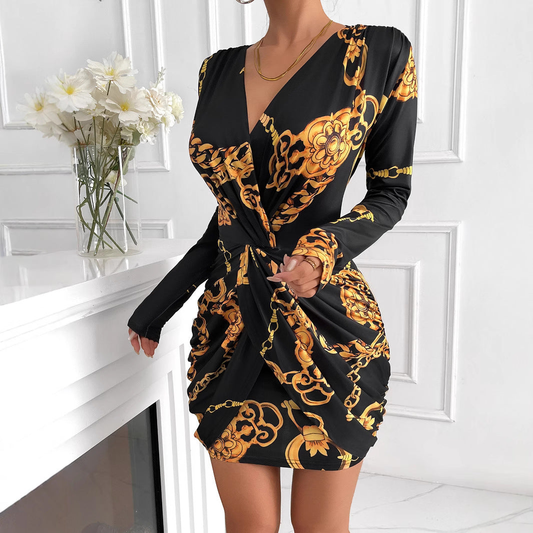 New women's clothing dress AliExpress fashion temperament printed long sleeve V-neck hip stretch short skirt banquet