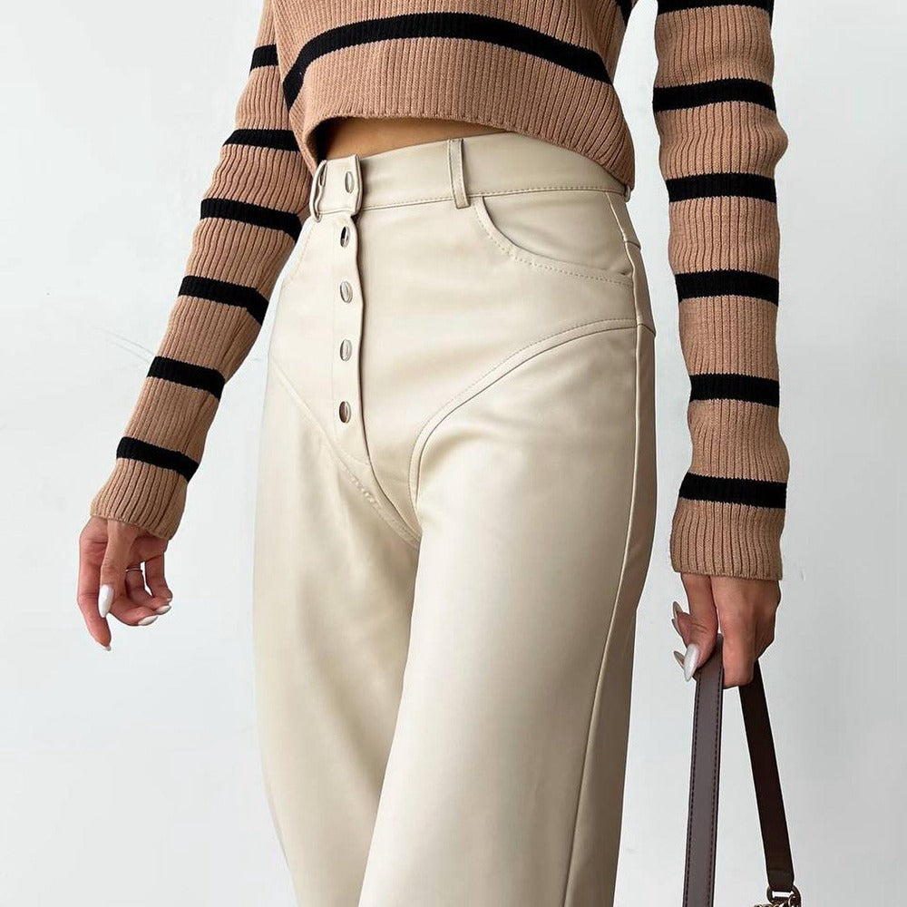 Autumn and Winter high waist leather stitching trousers for women casual straight pants leather pants