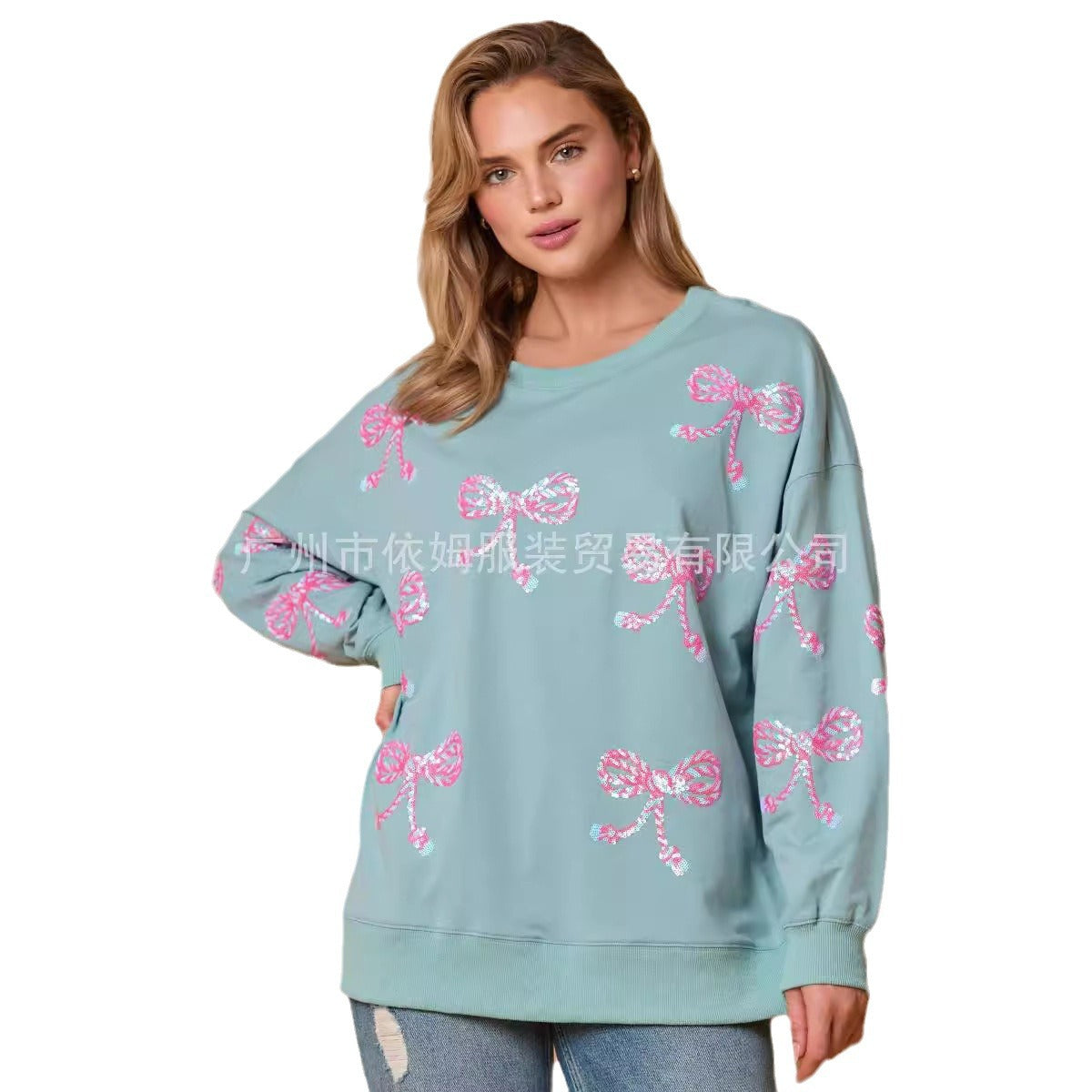 Bow sequined top casual loose long-sleeved sweater women