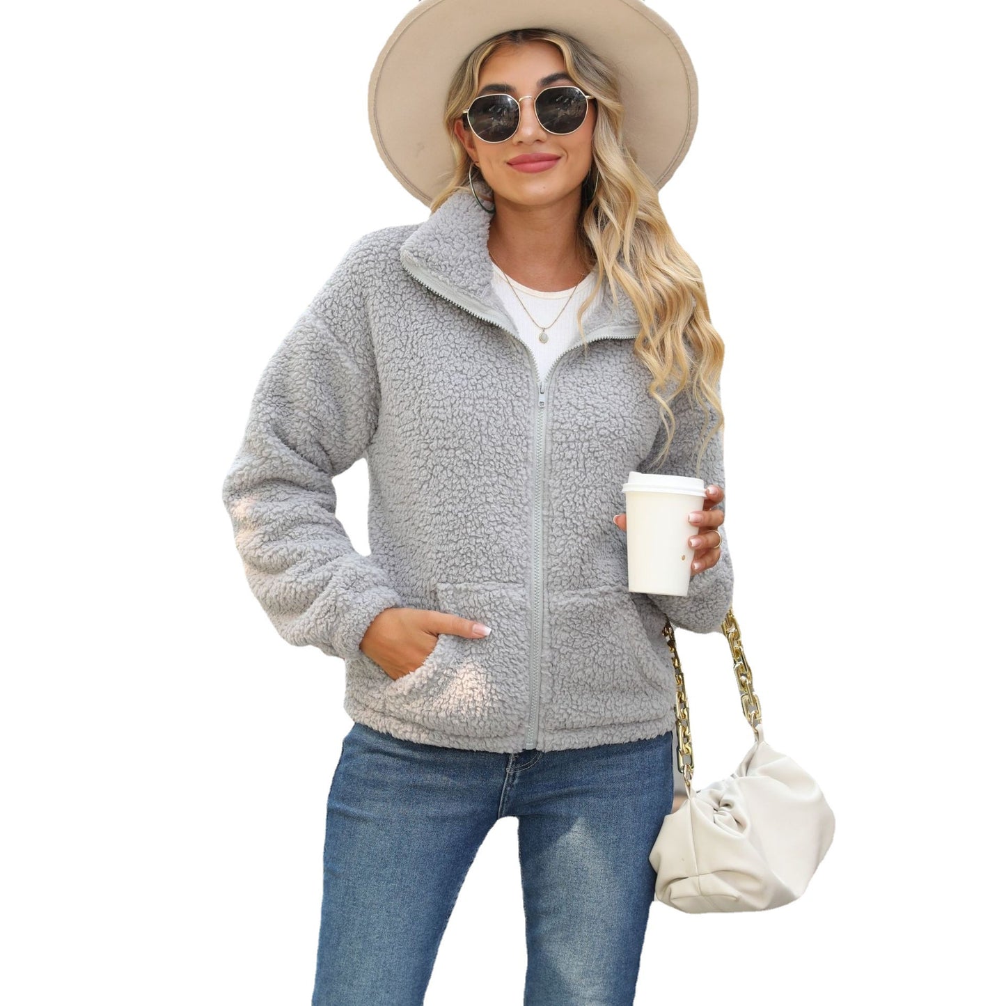 Autumn plush women's knitted long sleeve loose lapel pocket zipper cardigan outerwear