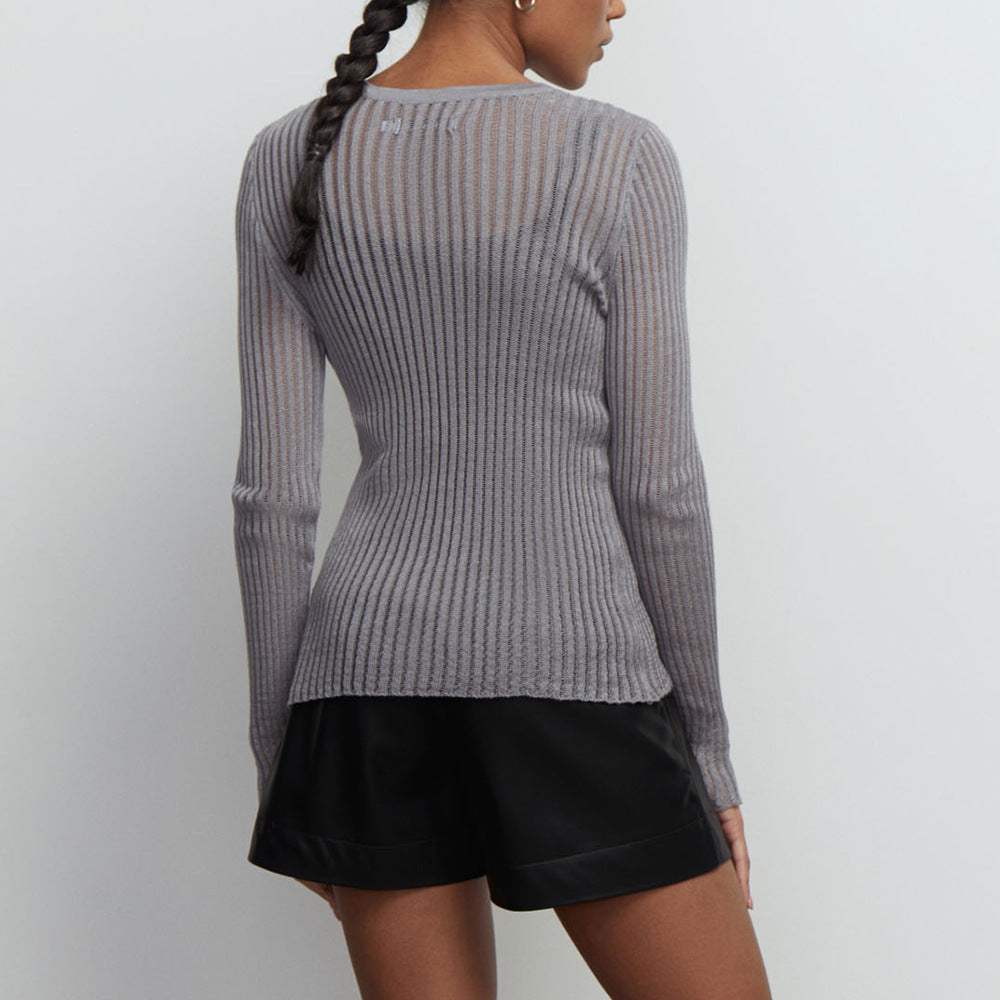 Hollow sweater Sexy Slim-fit cashmere round neck long sleeve thin sunken stripe women's pullover